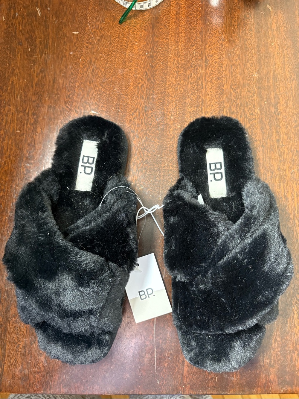 bp Women's Black Faux Fur Crossover Slide Slippers S